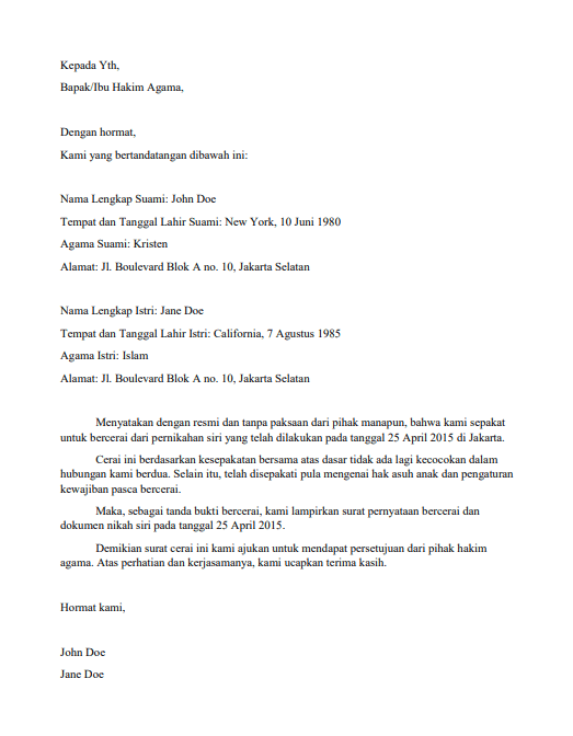 contoh surat hakim cerai
