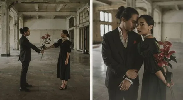 foto prewedding baju hitam di bangunan tua