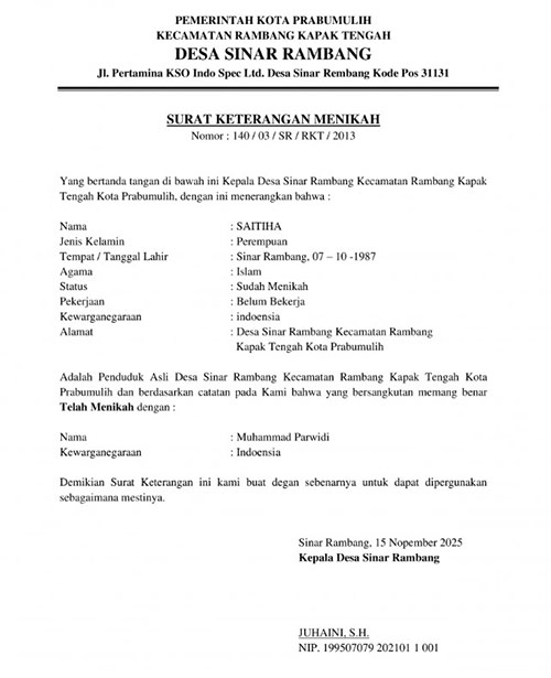 surat keterangan menikah yang asli