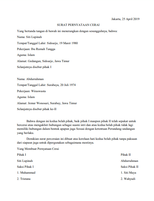 surat pernyataan cerai