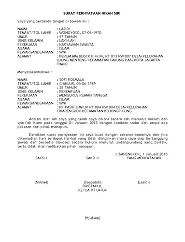 surat pernyataan nikah siri dari rt